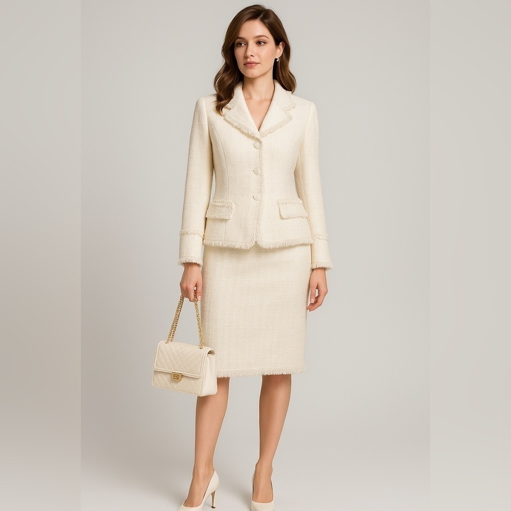 Designer Barbara Bates beautiful off white suit. Fringe accent details Luxury 10